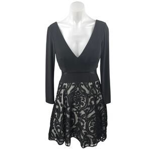 Avery G Women's Black Mesh Printed Long Sleeve V-Neck Mini Fit & Flare Dress 8